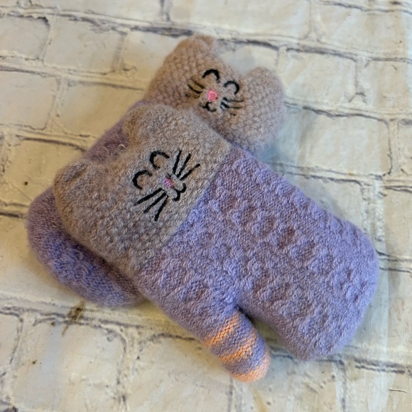 KITTY PURPLE PINK KNIT MITTENS FULLY LINED TODDLER GIRL SIZE - Picture 1 of 5